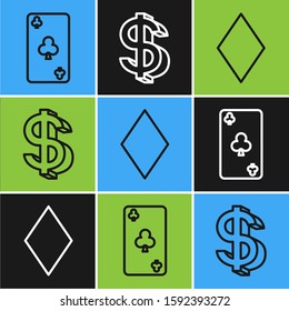 Set line Playing card with clubs symbol, Playing card with diamonds symbol and Dollar symbol icon. Vector