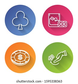 Set line Playing card with clubs symbol, Game dice and glass of whiskey with ice cubes, Casino chip with dollar symbol and Human hand throwing game dice. Color circle button. Vector