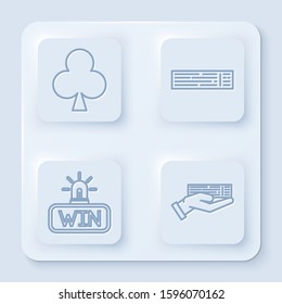 Set line Playing card with clubs symbol, Deck of playing cards, Casino win and Hand holding deck of playing cards. White square button. Vector