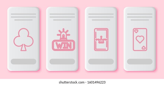 Set line Playing card with clubs symbol, Casino win, Joker playing card and Playing card with heart symbol. White rectangle button. Vector