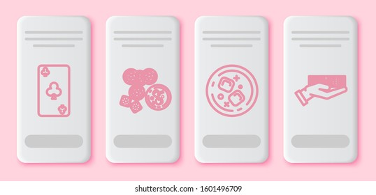 Set line Playing card with clubs symbol, Casino chips, game dice and glass of whiskey, Glass of whiskey and ice cubes and Hand holding deck of playing cards. White rectangle button. Vector