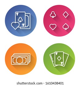 Set line Playing card with clubs symbol, Playing cards, Stacks paper money cash and Playing card with diamonds. Color circle button. Vector