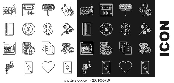 Set line Playing card with clubs symbol, game dice and glass of whiskey ice cubes, Stick for, signboard, dollar, Deck playing cards, Slot machine lucky sevens jackpot and Dollar icon. Vector