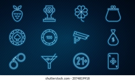 Set line Playing card with clubs, Money bag, Casino slot machine clover, chips, strawberry, Security camera and poker trophy cup icon. Vector