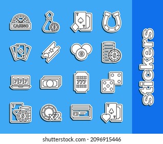 Set line Playing card with clubs symbol, Game dice, Casino chip dollar, spades, Lottery ticket, diamonds, signboard and Billiard pool snooker 8 ball icon. Vector