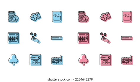 Set line Playing card with clubs symbol, Online poker table game, Casino chips, Slot machine lucky sevens jackpot, Hand holding casino, Deck of playing cards, slot and Game dice icon. Vector