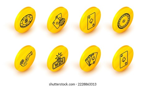 Set line Playing card with clubs symbol, cards, Casino win, Human hand throwing game dice, roulette wheel, spades, chip playing and dollar icon. Vector