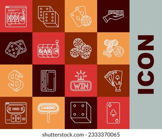 Set line Playing card with clubs symbol, Hand holding playing cards, Casino chips, game dice glass of whiskey ice cubes, Slot machine, Game, Online slot lucky sevens jackpot and  icon. Vector