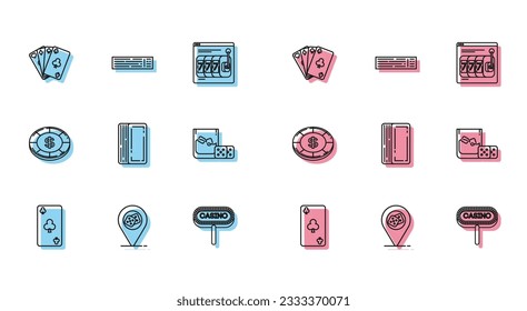 Set line Playing card with clubs symbol, Casino location, cards, signboard, Deck of playing, Game dice and glass whiskey ice cubes, chip dollar and  icon. Vector