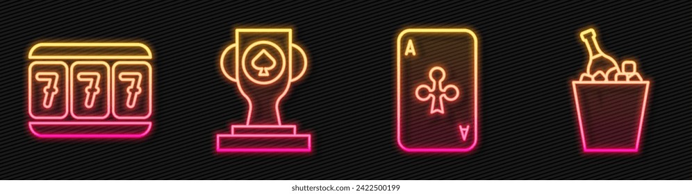 Set line Playing card with clubs, Slot machine with lucky sevens, Casino poker trophy cup and Champagne in an ice bucket. Glowing neon icon. Vector