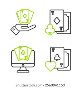 Set line Playing card with clubs symbol, Online poker table game, diamonds and Hand holding deck of playing cards icon. Vector