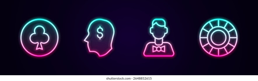 Set line Playing card with clubs symbol, Lucky player, Casino dealer and chips. Glowing neon icon. Vector