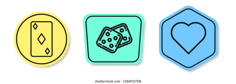 Set line Playing card with diamonds symbol, Game dice and Playing card with heart symbol. Colored shapes. Vector