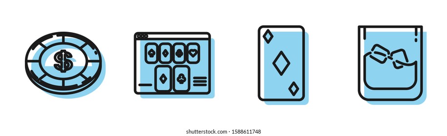 Set line Playing card with diamonds symbol, Casino chip with dollar symbol, Online poker table game and Glass of whiskey and ice cubes icon. Vector