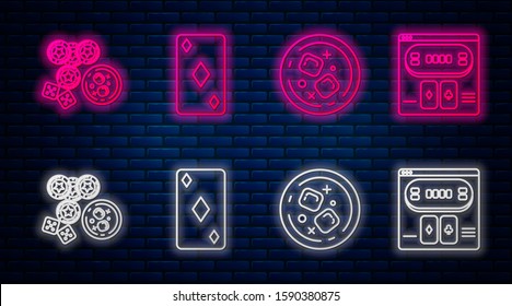 Set line Playing card with diamonds symbol, Glass of whiskey and ice cubes, Casino chips, game dice and Online poker table game. Glowing neon icon on brick wall. Vector