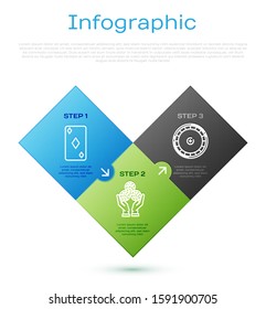 Set line Playing card with diamonds symbol, Casino roulette wheel and Hand holding casino chips. Business infographic template. Vector