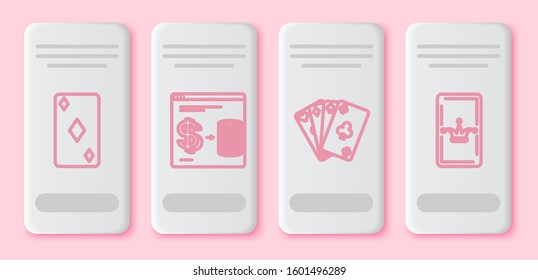 Set line Playing card with diamonds symbol, Online casino chips exchange on stacks of dollars, Playing cards and Joker playing card. White rectangle button. Vector