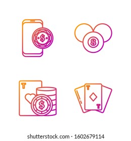 Set line Playing card with diamonds, Casino chip and playing cards, Online poker table game and Billiard pool snooker 8 ball. Gradient color icons. Vector