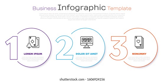 Set line Playing card with diamonds, Online slot machine with lucky sevens jackpot and Playing card with heart. Business infographic template. Vector