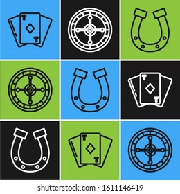 Set line Playing card with diamonds, Horseshoe and Casino roulette wheel icon. Vector