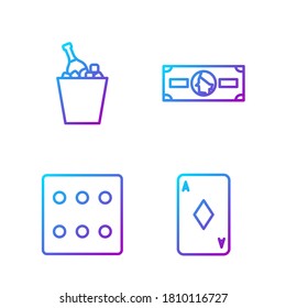 Set line Playing card with diamonds, Game dice, Champagne in an ice bucket and Stacks paper money cash. Gradient color icons. Vector