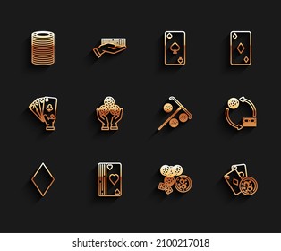 Set line Playing card with diamonds symbol, Deck of playing cards, Casino chips, chips, game dice and glass whiskey ice cubes, Hand holding casino, exchange stacks dollars and Stick for icon. Vector