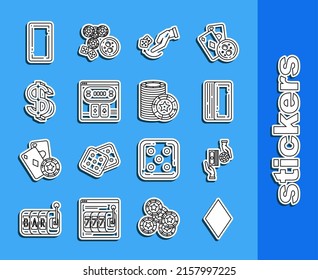 Fijar línea Jugar carta con símbolo de diamantes, fichas de casino intercambiar pilas de dólares, cartas de juego Deck, dados de juegos de mano humana, mesa de póquer en línea, Dólar, espalda e icono. Vector