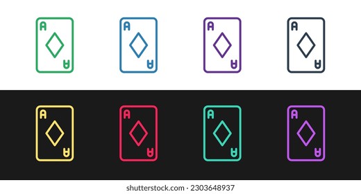 Establecer línea Tarjeta de reproducción con el símbolo de diamantes aislado en fondo blanco y negro. Juego de casino.  Vector