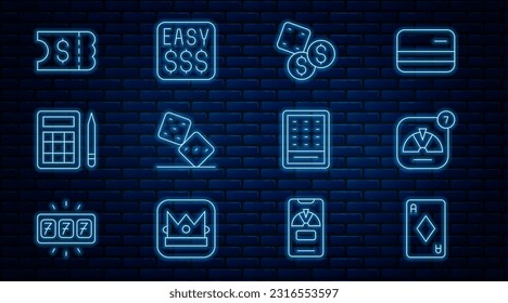 Set line Playing card with diamonds, Lucky wheel, Game dice, Bingo, Lottery ticket,  and Money prize casino icon. Vector