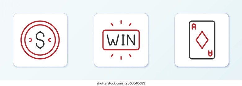 Set line Playing card with diamonds, Coin money dollar and Casino win icon. Vector