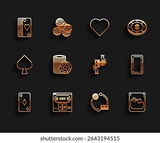 Set line Playing card with diamonds symbol, Online poker table game, Deck of playing cards, Casino chips exchange stacks dollars, Glass whiskey and ice cubes, back and  icon. Vector