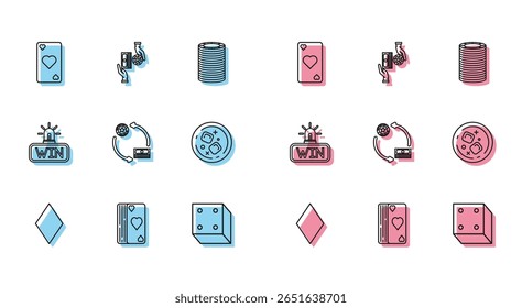 Set line Playing card with diamonds symbol, Deck of playing cards, heart, Game dice, Casino chips exchange stacks dollars, Glass whiskey and cubes, win and  icon. Vector