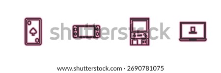 Set line Playing card with diamonds, Retro arcade game machine, Portable video console and Laptop icon. Vector