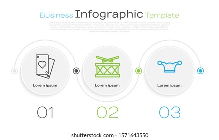 Set line Playing card, Drum with drum sticks and Jester hat with bells. Business infographic template. Vector