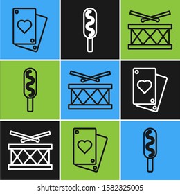Set line Playing card, Drum with drum sticks and Corn dog icon. Vector