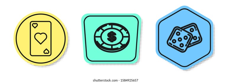 Set line Playing card with heart symbol, Casino chip with dollar symbol and Game dice. Colored shapes. Vector