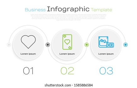 Set line Playing card with heart symbol, Playing card with heart symbol and Game dice and glass of whiskey with ice cubes. Business infographic template. Vector