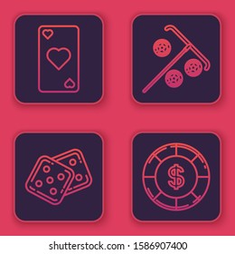 Set line Playing card with heart symbol, Game dice, Stick for chips and Casino chip with dollar symbol. Blue square button. Vector