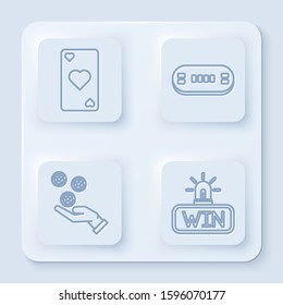 Set line Playing card with heart symbol, Poker table, Hand holding casino chips and Casino win. White square button. Vector