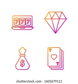 Set line Playing card with heart, Money bag, Online slot machine with lucky sevens jackpot and Diamond. Gradient color icons. Vector
