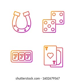 Set line Playing card with heart, Slot machine with lucky sevens jackpot, Horseshoe and Game dice. Gradient color icons. Vector