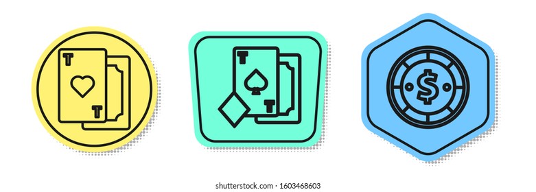 Set line Playing card with heart, Playing card with spades and Casino chip with dollar. Colored shapes. Vector