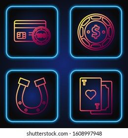 Set line Playing card with heart, Horseshoe, Credit card and Casino chip with dollar. Gradient color icons. Vector
