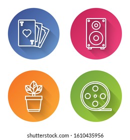 Set line Playing card with heart symbol, Stereo speaker, Flowers in pot and Film reel. Color circle button. Vector
