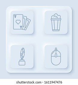 Set line Playing card with heart symbol, Popcorn in cardboard box, Feather and inkwell and Computer mouse. White square button. Vector