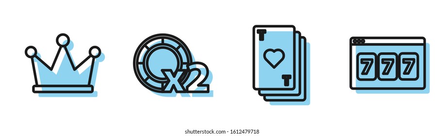 Set line Playing card with heart, Crown, Casino chips and Online slot machine with lucky sevens jackpot icon. Vector