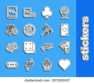 Set line Playing card with heart symbol, Hand holding playing cards, clubs, Glass of whiskey ice cubes, Casino chips, game dice glass,  and Stick for icon. Vector