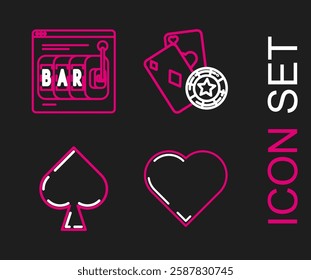 Set line Playing card with heart symbol, spades, Casino chip and playing cards and Online slot machine icon. Vector