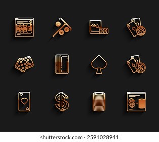 Set line Playing card with heart symbol, Dollar, Online slot machine, Casino chips, casino exchange on stacks of dollars, Deck playing cards, and glass whiskey ice cubes and spades icon. Vector