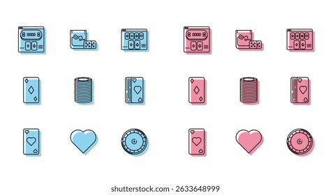 Set line Playing card with heart symbol, Online poker table game, Casino roulette wheel, chips, Deck of playing cards, diamonds and Game dice and glass whiskey ice cubes icon. Vector